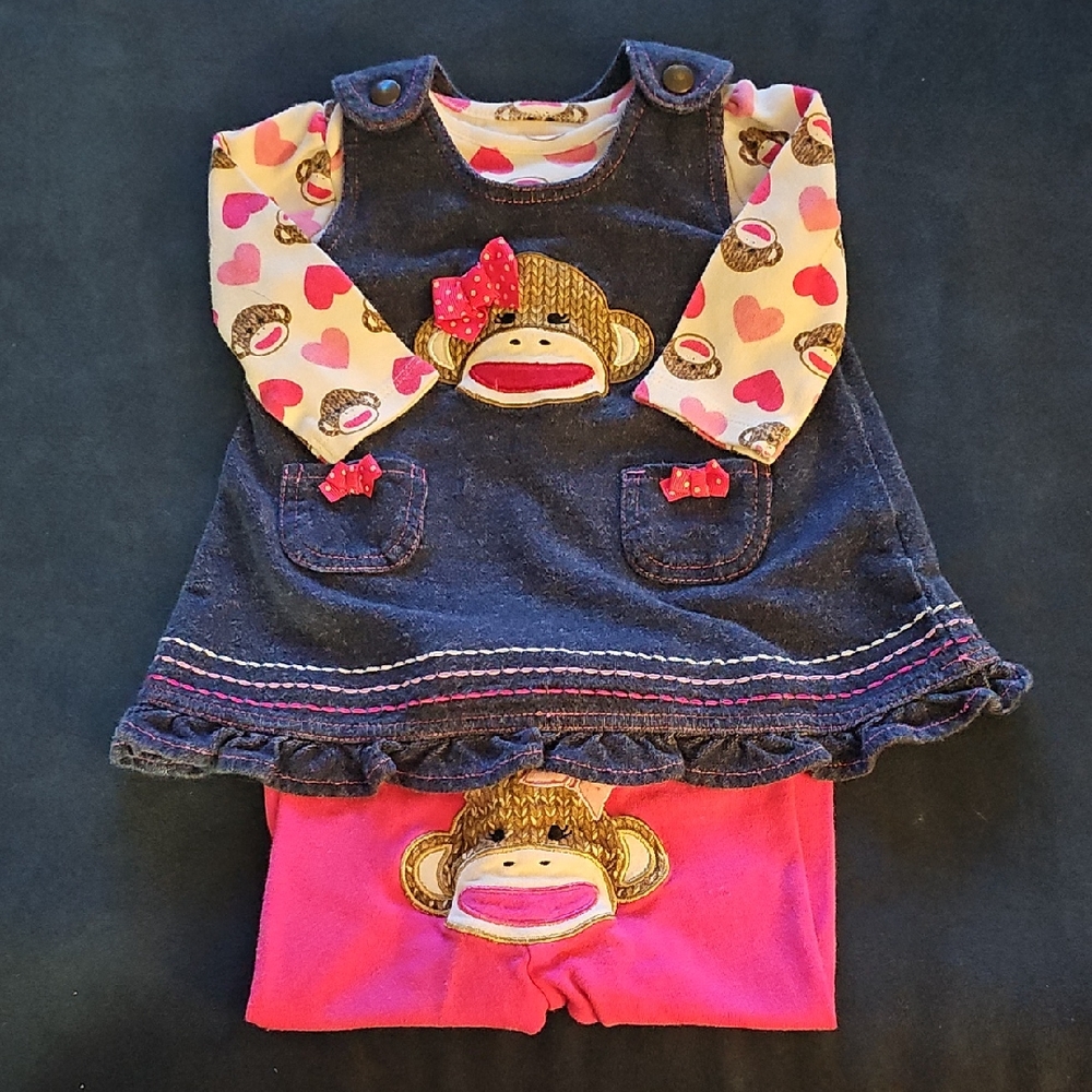 Baby Starters Pink and White Monkey Dress Set